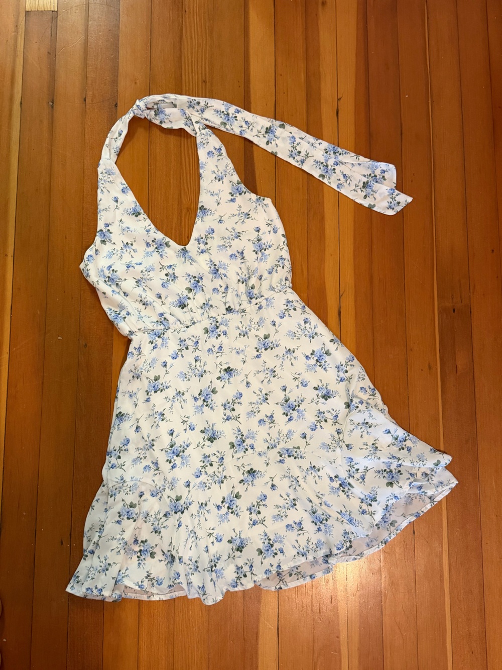 Altar'd State White Halter Mini Dress with Blue Floral Print